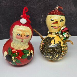 Vintage Snowman and Santa Christmas Gourd Ornaments, Hand Painted, Signed 1990s